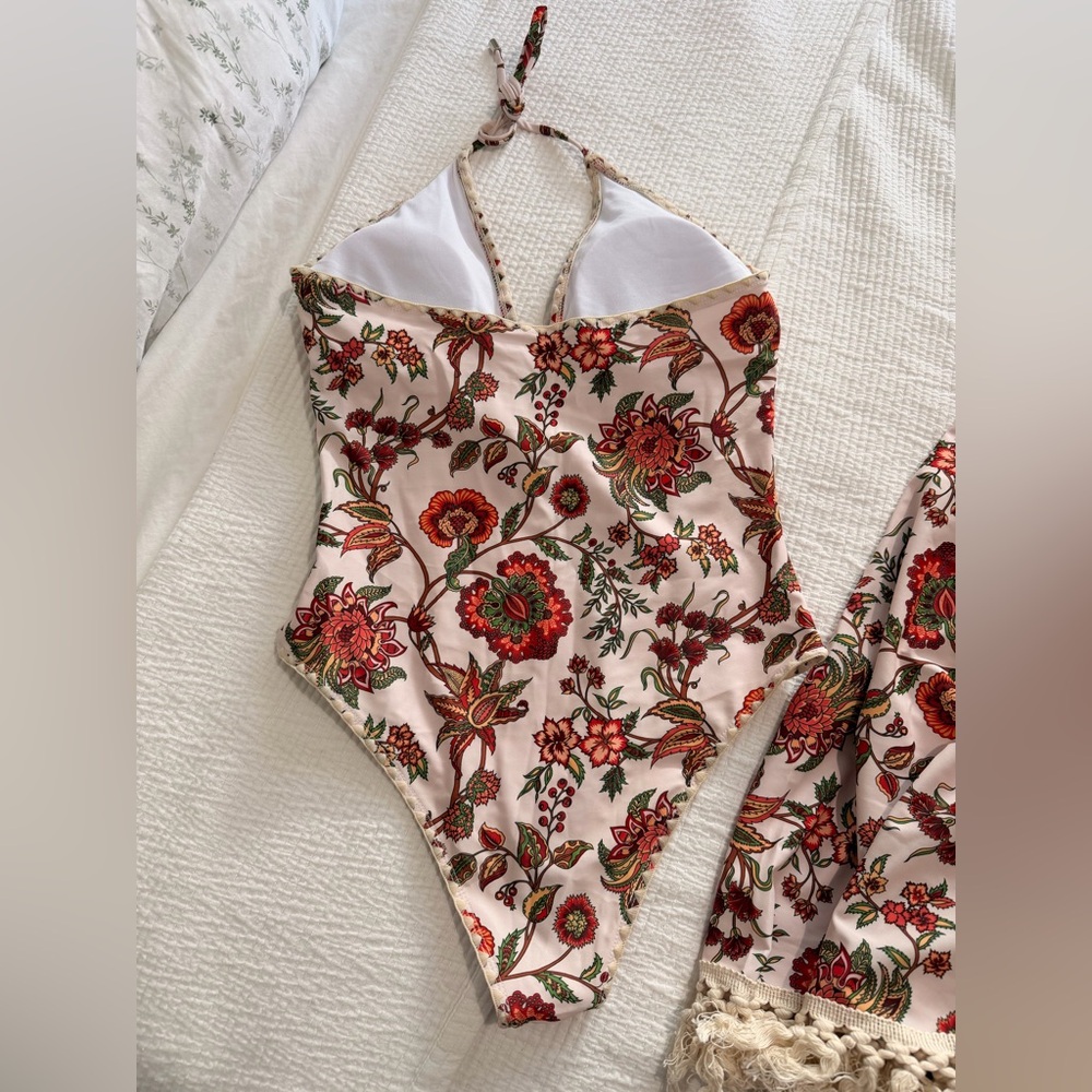 Modlily 2 Piece Floral One-Piece Swimsuit Cream / Red with Wrap Women’s Large - Picture 4 of 9